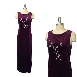Vintage Y2K Prom Dress Size L Jalate Purple Floral Embroidered Maxi Velvet Prom